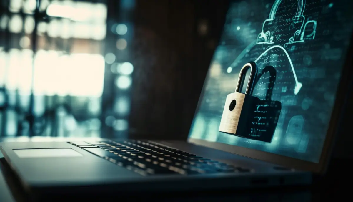 Image of a detailed blog post discussing advanced cybersecurity topics with a close-up of a person's hands on a laptop.