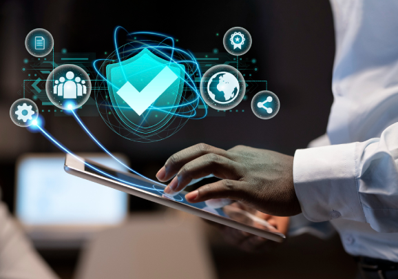 Image showing cybersecurity solutions for the IT industry with icons of computers and digital networks.
