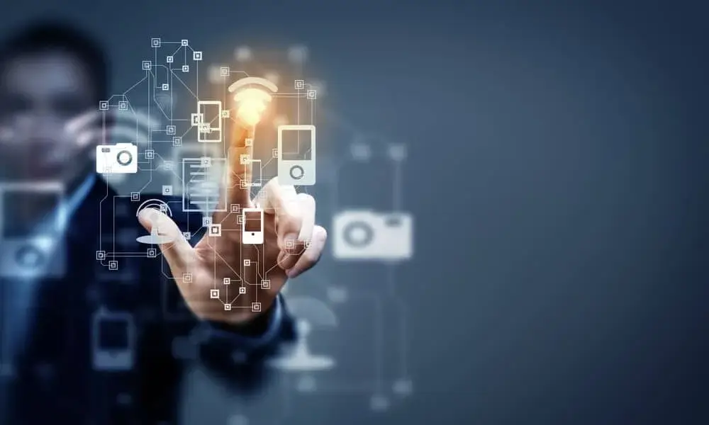 Image of a cybersecurity service related to threat intelligence, featuring abstract digital elements and a magnifying glass icon.