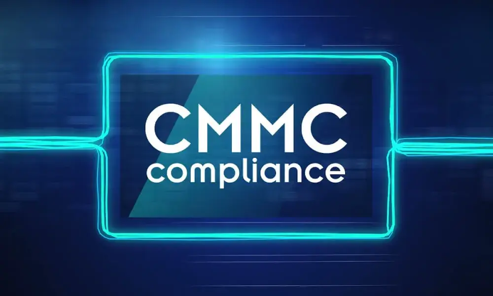 Image showing CMMC (Cybersecurity Maturity Model Certification) solutions with abstract digital elements and compliance icons.