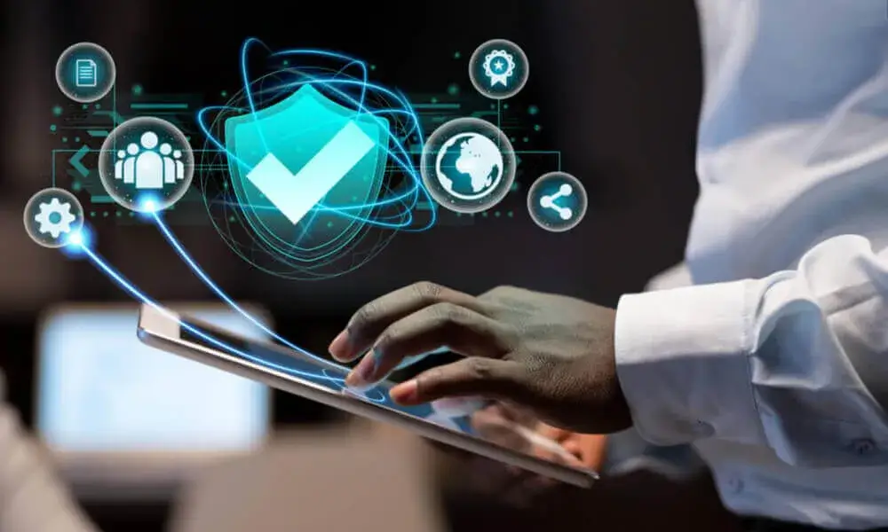 Image showing cybersecurity solutions for the IT industry with icons of computers and digital networks.