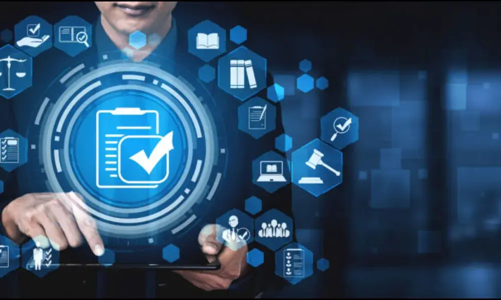 Image showing cybersecurity solutions for FISMA (Federal Information Security Management Act) compliance with abstract digital elements.