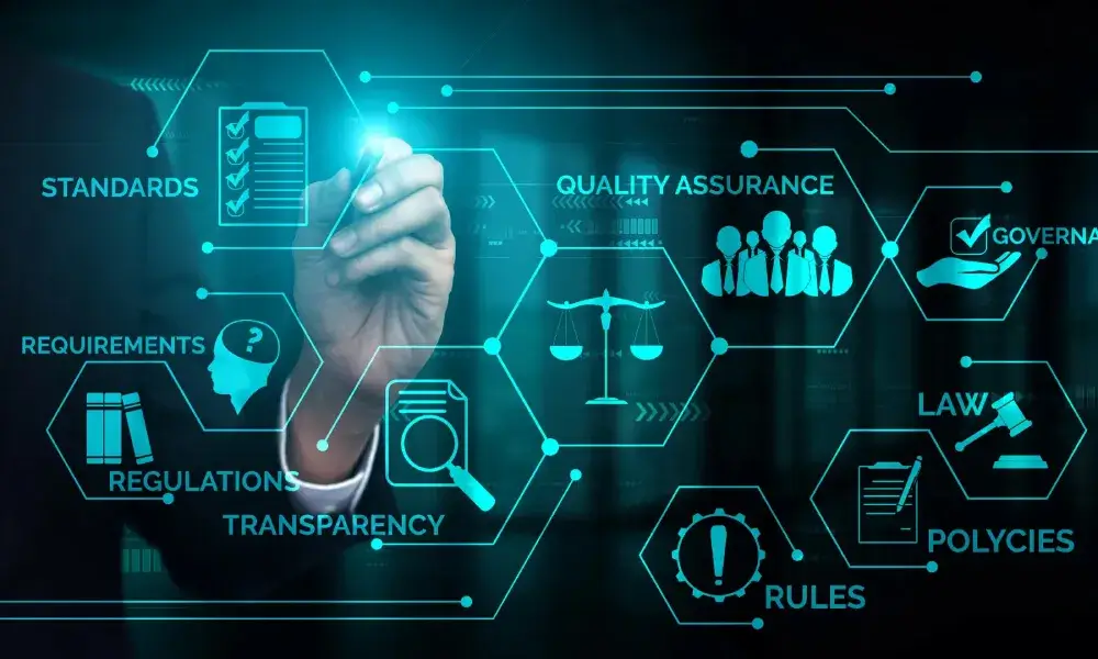 Image showing cybersecurity solutions for ISO (International Organization for Standardization) compliance with abstract digital elements.