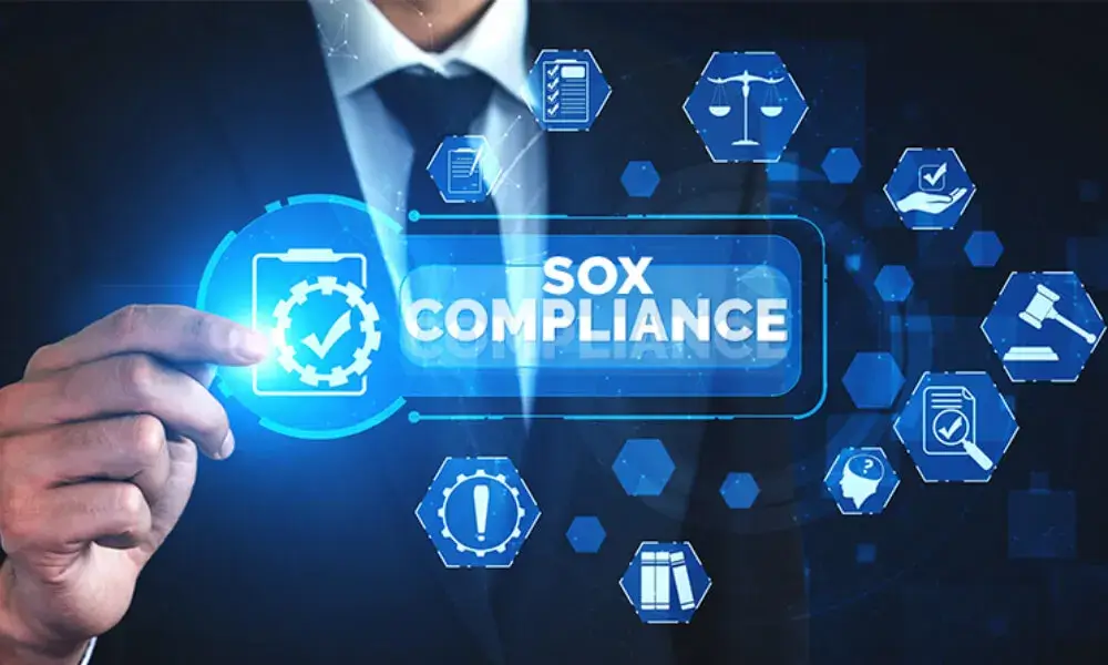Image showing cybersecurity solutions for SOX (Sarbanes-Oxley Act) compliance with abstract digital elements.